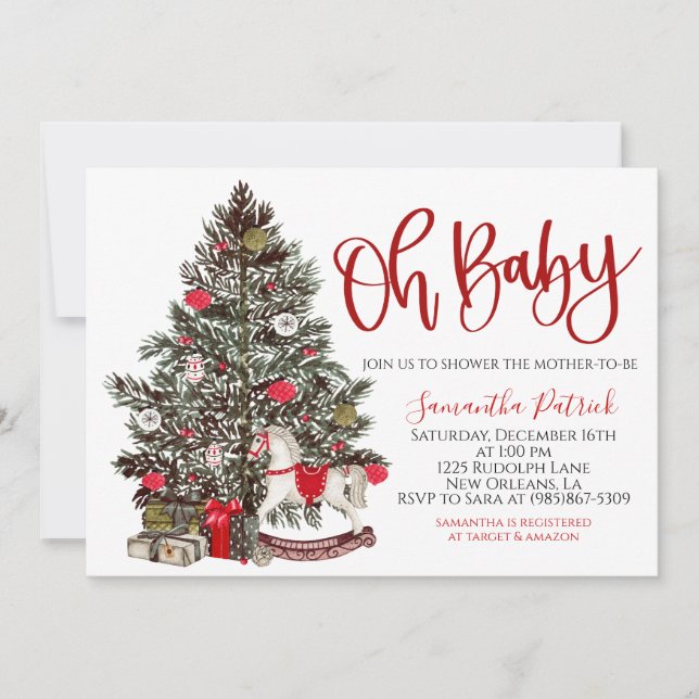 Invitación de Baby Shower en árbol de Navidad (Anverso)