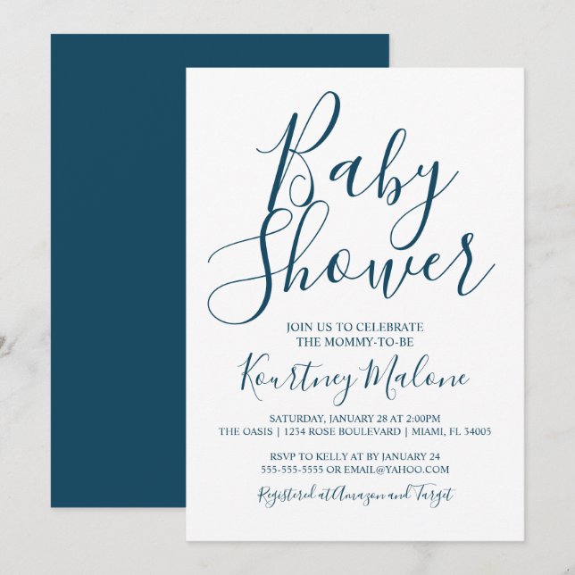 Invitación de Baby Shower en blanco y naval (Anverso / Reverso)