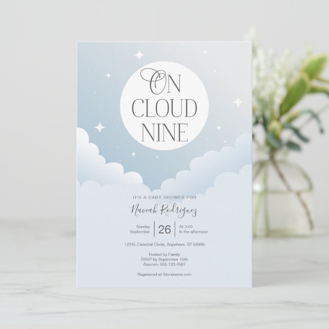 Invitación de Baby Shower en Cloud Nueve Blue Gray (Anverso de pie)