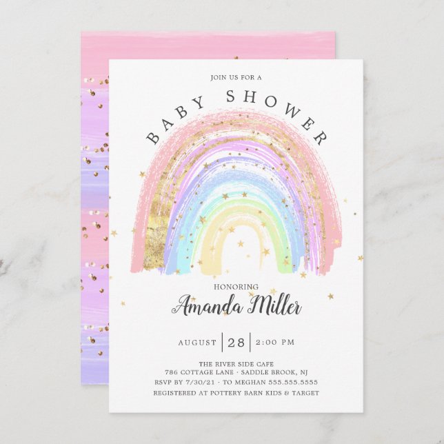 Invitación de Baby Shower en el arco iris rosa dor (Anverso / Reverso)