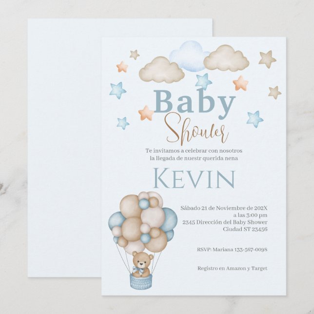 Invitación de Baby Shower en español Niño Oso Azul (Anverso / Reverso)