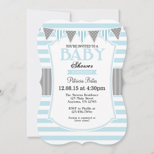 Invitación de Baby Shower en franjas grises azules (Anverso)
