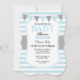 Invitación de Baby Shower en franjas grises azules