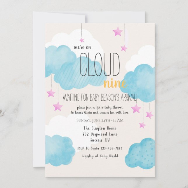 Invitación de Baby Shower en la nube 9 con estrell (Anverso)