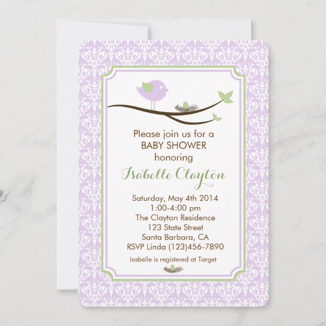 Invitación de Baby Shower en Lavanda y Verde (Anverso)