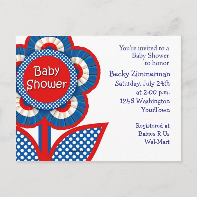 Invitación de Baby Shower en rojo, blanco y azul (Anverso)