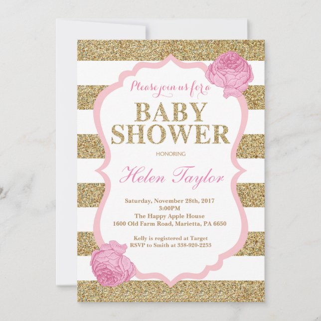 Invitación de baby shower en rosa y dorado con efe (Anverso)