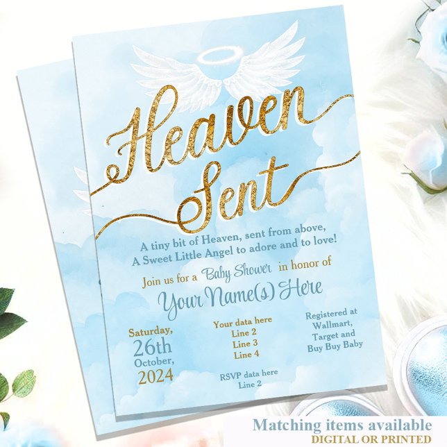 Invitación de Baby Shower enviada por el cielo - B (Blue Heaven Sent Little Boy Angel invitation with blue watercolor white wings)