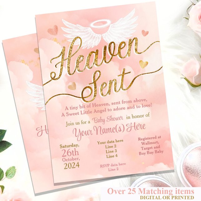 Invitación de Baby Shower enviada por el cielo - P (Pink and Gold Little Baby Girl Angel Sent from Heaven (Heaven Sent) Invitation template or Printed)
