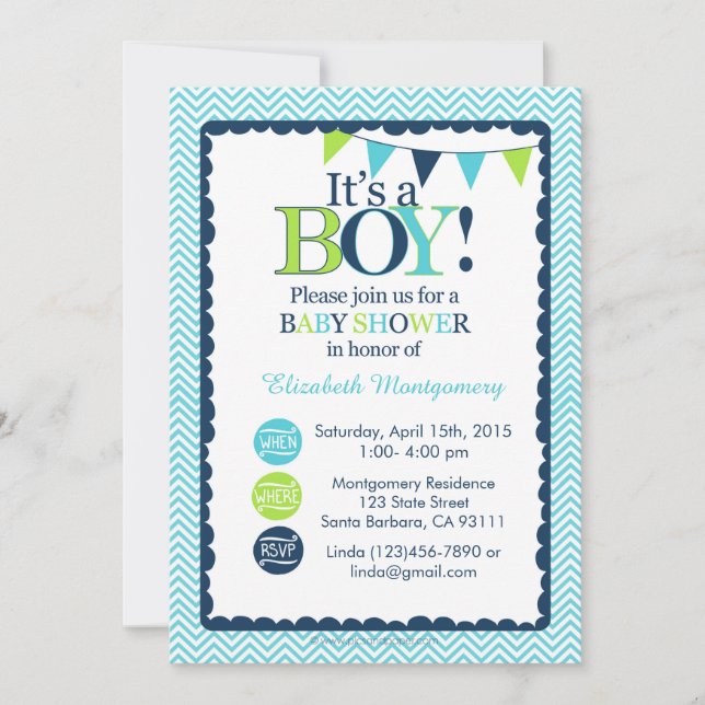 Invitación de Baby Shower ¡Es un chico! Aqua, verd (Anverso)
