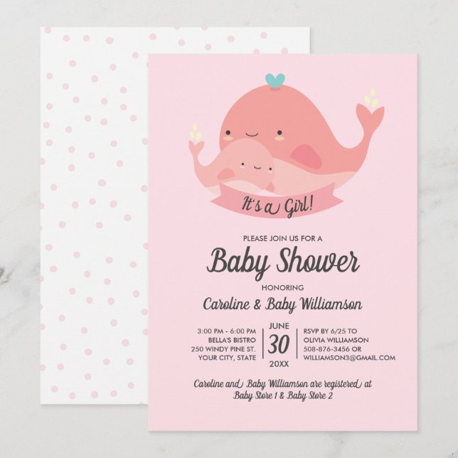 Invitación de Baby Shower es una Chica de ballena (Anverso / Reverso)