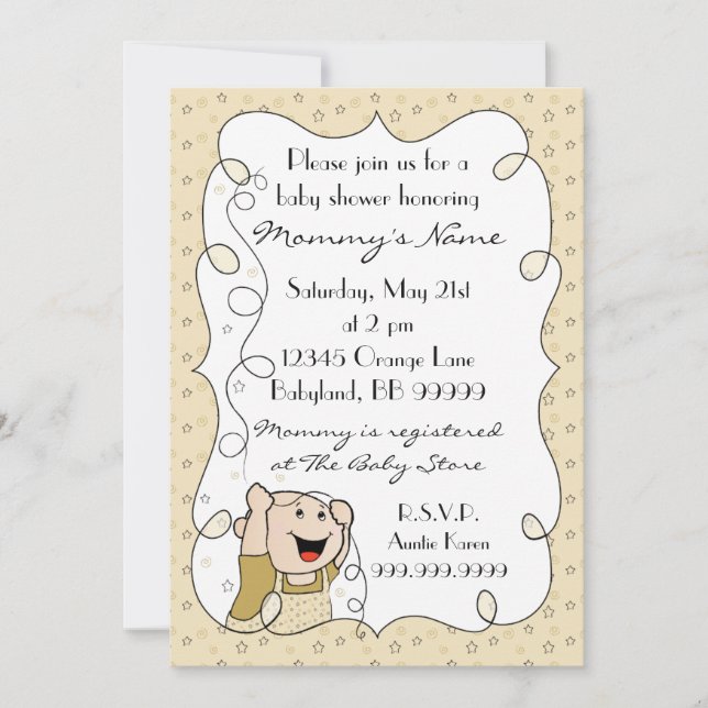 Invitación de Baby Shower. Estrellas/Bebé/Oro/Negr (Anverso)