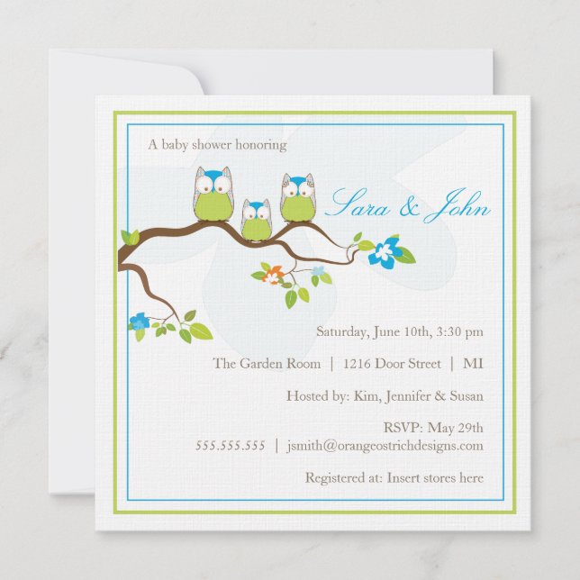 Invitación de Baby Shower - familia del búho (Anverso)