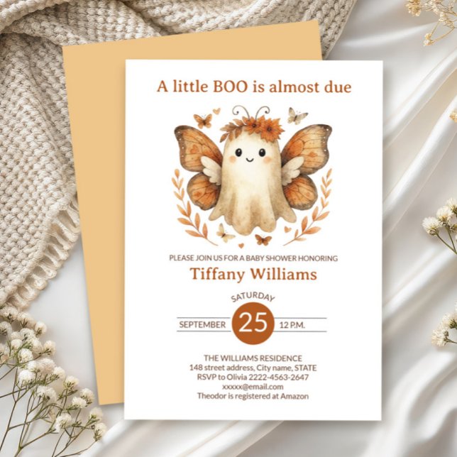 Invitación de Baby Shower fantasma de un pequeño n (A little BOO is almost due — cute fall baby shower invitation with fairy ghost & pumpkins)