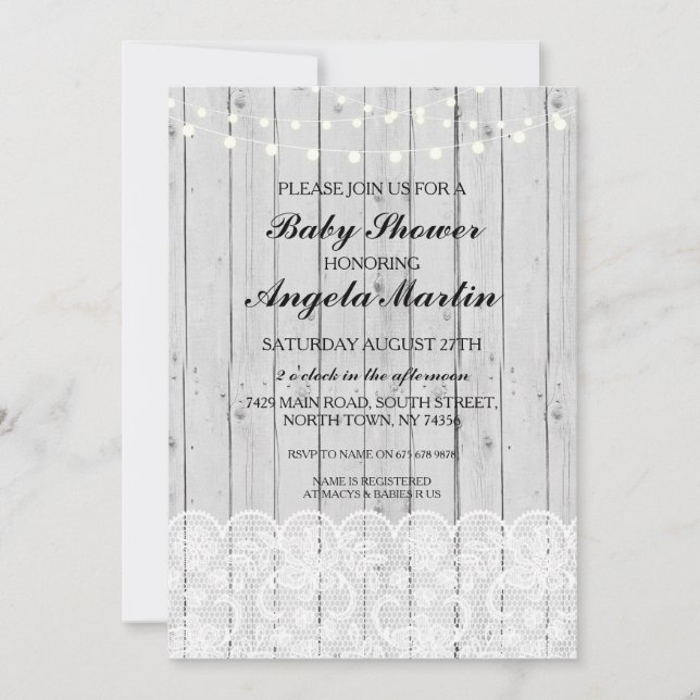 Invitación de Baby Shower Fiesta Gray Wood Lace (Anverso)