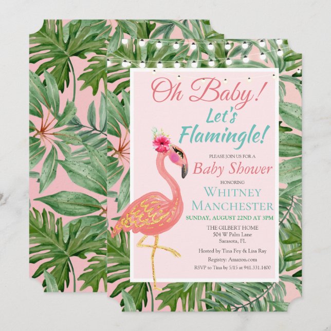 Invitación de Baby Shower Flamingo Tropical (Anverso / Reverso)