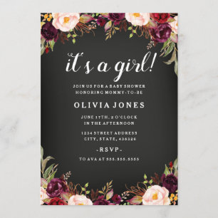 Invitación de baby shower flor de pizarra burgundy
