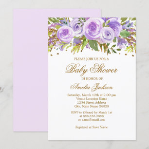 Invitación de Baby Shower Flor de Rosa Dorada Púrp