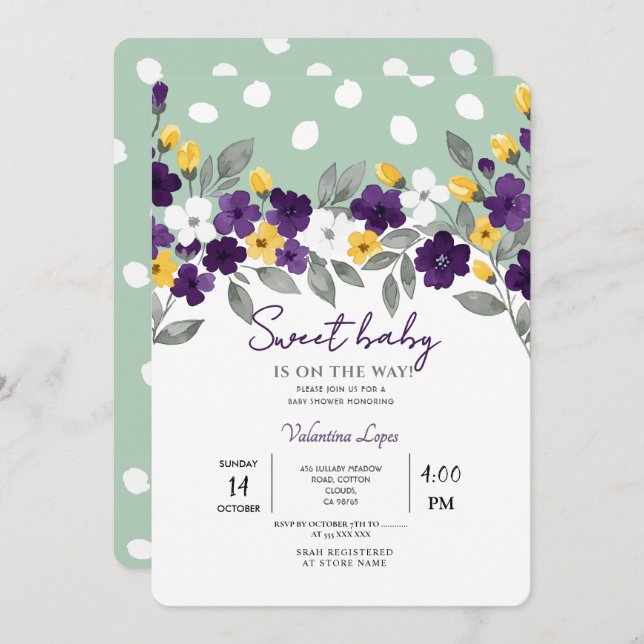 Invitación de Baby Shower Flor Verde | Colorida (Anverso / Reverso)