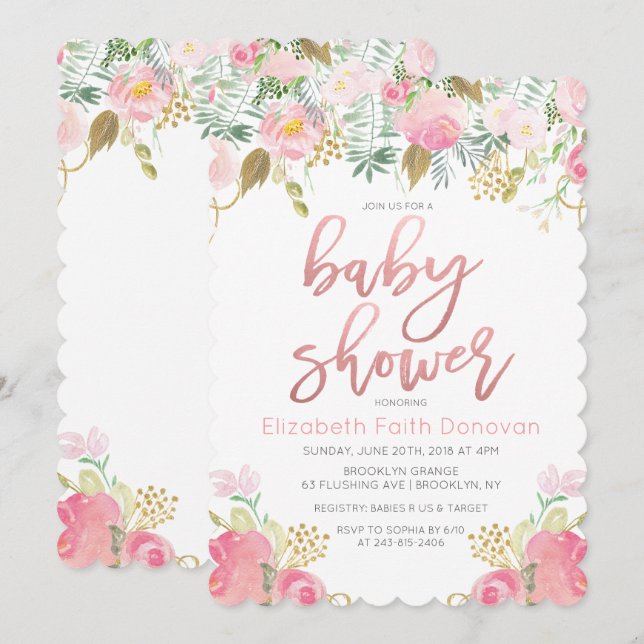 Invitación de Baby Shower Floral (Anverso / Reverso)