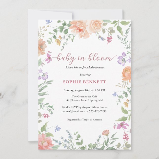 Invitación de Baby Shower Floral Acuarela (Anverso)