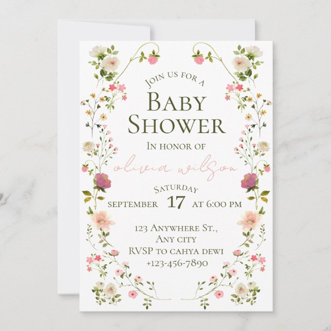 Invitación de baby shower floral acuarela (Anverso)