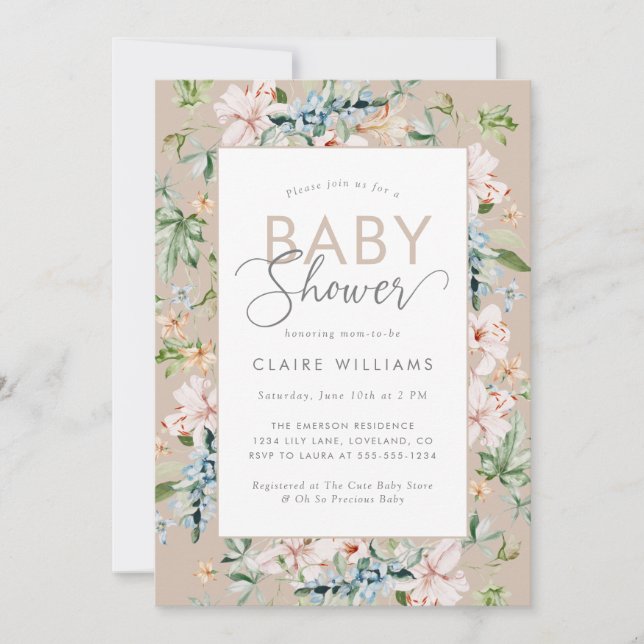 Invitación de baby shower floral acuarela boho (Anverso)