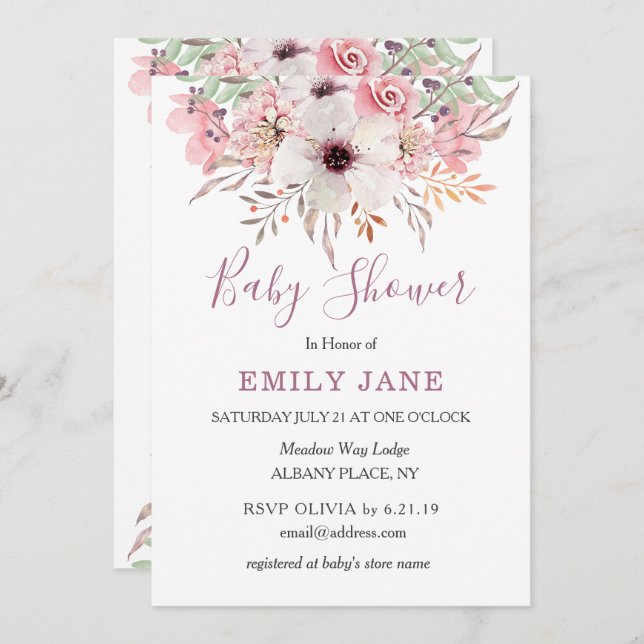 Invitación de Baby Shower Floral Acuarela Rosa (Anverso / Reverso)