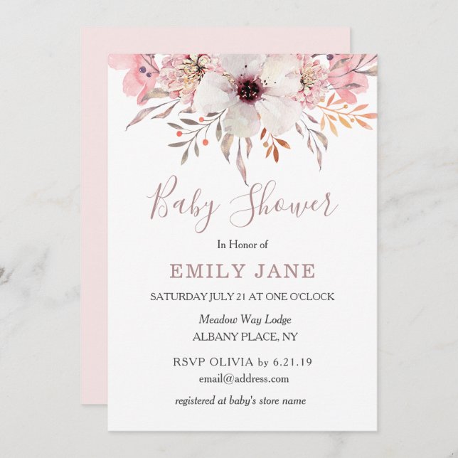Invitación de baby shower floral acuarela rosa son (Anverso / Reverso)
