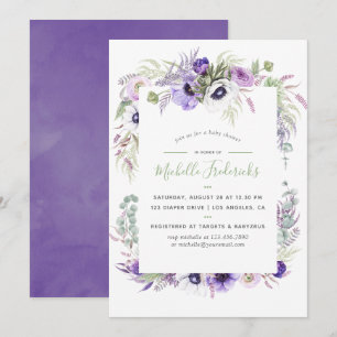 Invitación de baby shower floral acuarela violeta 