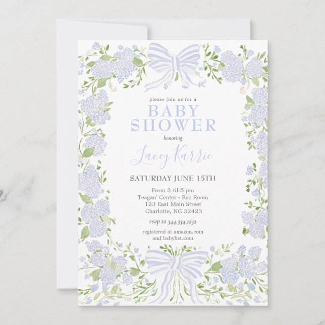 Invitación de baby shower floral azul,  (Anverso)