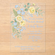 Invitación de baby shower floral azul amarillo