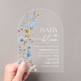 Invitación de baby shower floral azul, bebé en flo