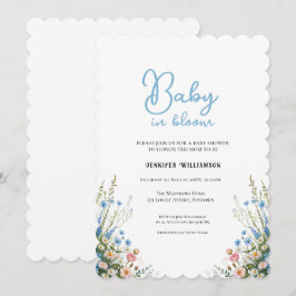 Invitación de baby shower floral azul, bebé en flo