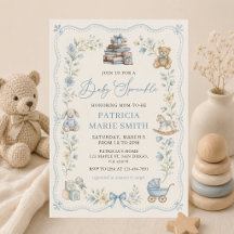 Invitación de baby shower floral azul de guardería