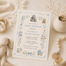 Invitación de baby shower floral azul de guardería