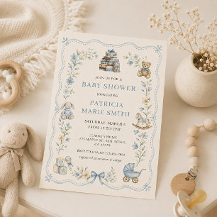 Invitación de baby shower floral azul de guardería