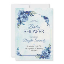 Invitación de baby shower floral azul elegante