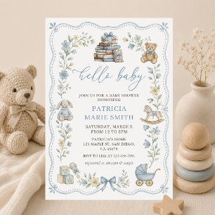 Invitación de Baby Shower Floral Azul Juguetes de