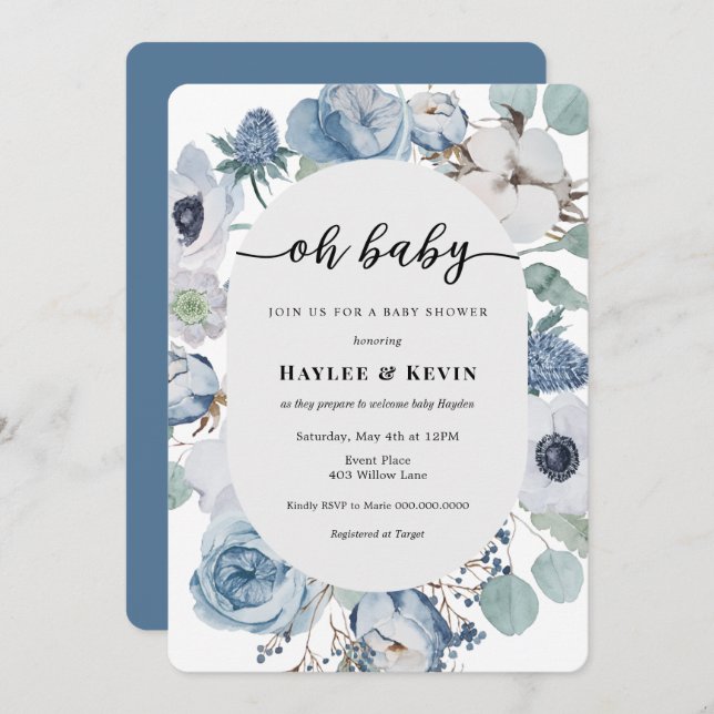 Invitación de Baby Shower = Floral Azul Polvo (Anverso / Reverso)