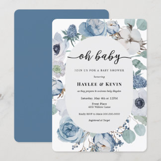 Invitación de Baby Shower = Floral Azul Polvo