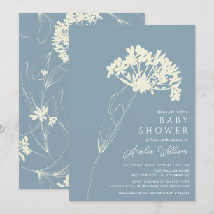 Invitación de Baby Shower floral azul y crema mode