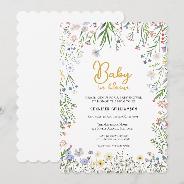 Invitación de baby shower floral, Bebé en flor (Anverso / Reverso)
