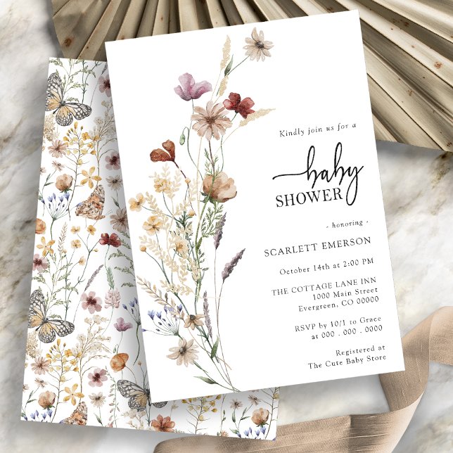 Invitación de Baby Shower Floral Blanca (Boho Wildflower Floral Baby Shower Invitation on white background by painted Paperie
)