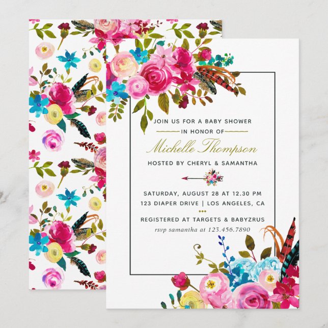 invitación de baby shower floral boho chic acuarel (Anverso / Reverso)