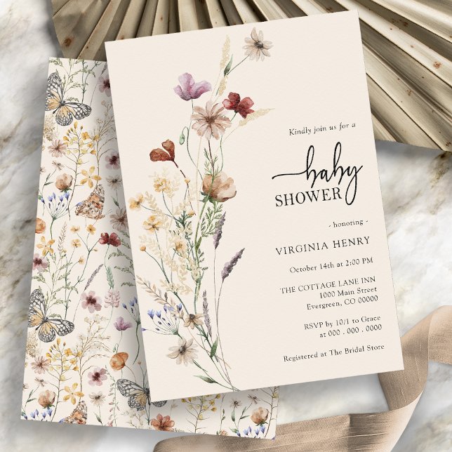 Invitación de Baby Shower Floral Boho de Flor Silv (Boho Floral Wildflower Baby Shower Invitation with whimsical pattern on the back by Painted Paperie
)