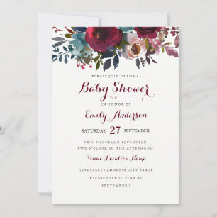 Invitación de baby shower floral borgoña