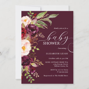 Invitación de baby shower floral borgoña