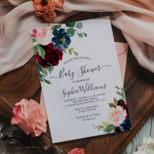 Invitación de baby shower floral borgoña y azul ma
