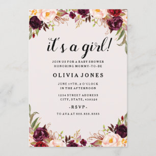 Invitación de baby shower floral color rosa burdeo